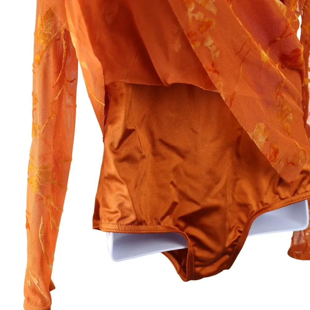 Weissman Lyrical Dance Costume MC Orange Sheer Floral Long Sleeve Leotard